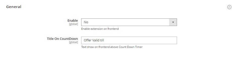 Enable or Disable Extension
Set Title which is show on Frontend above Count Down Timer