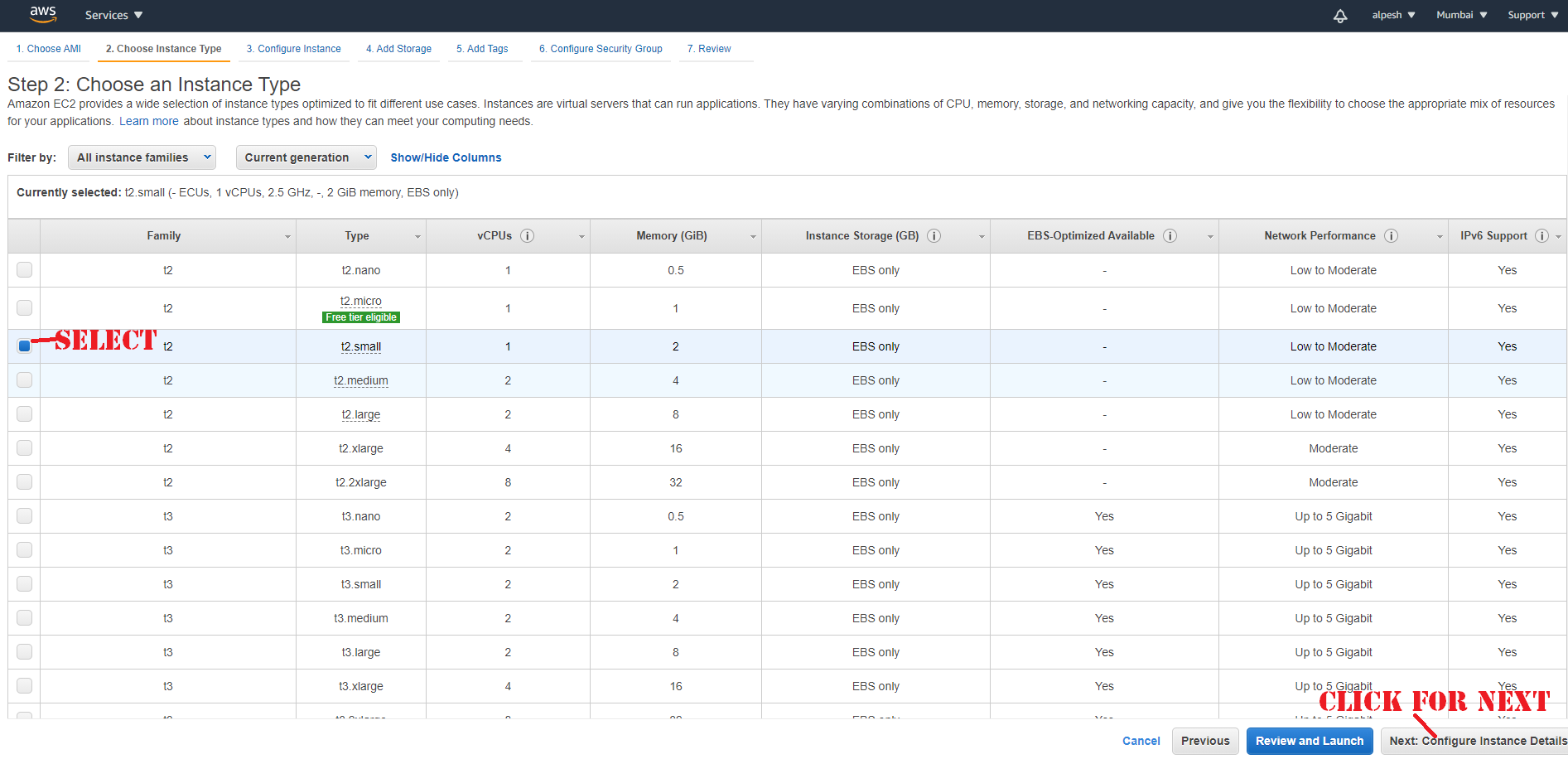 How to select instance type in aws